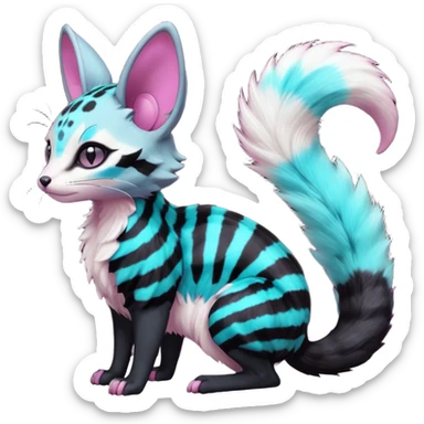 Fantasy Abyssal onyx-obsidian-pitch-Black-coated fur with glowing random cyan and magenta markings divine beautiful elegant pretty precious cute young youthful  Fakémon-Pokémon-alien-opossum-feline-serval-caracal-chinchilla-Minccino-hybrid-creature with a big fluffy bushy striped tail (full body) sticker