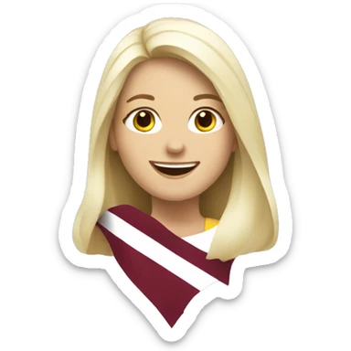 Happy blonde woman with a Latvian flag sticker