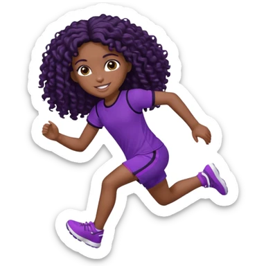 Uma boneca morena escura com olhos castanhos e cabelo cacheado longo preto até o peito, treinando correndo a roupa top roxo com detalhes preto e short roxo com detalhes preto sticker