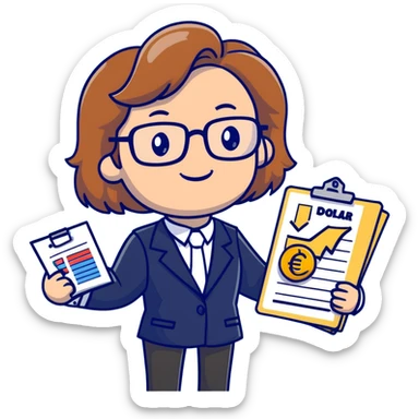 Professional economics channel mascot with shoulder-length wavy light brown hair, rectangular glasses, navy blazer, light blue shirt, holding clipboard with chart, pointing at dollar and euro symbols sticker