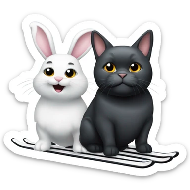 really fat white bunny rabbit and a gray cat and a black scottie dog all on skis sticker
