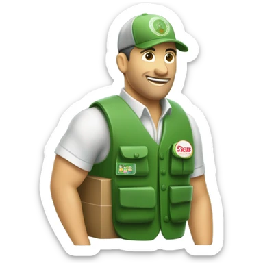 un vendedor con un palo de ciego, un chaleco verde, y tiras de cupones en el chaleco, bebiendose una cerveza sticker