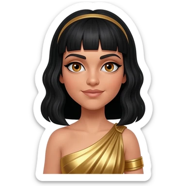 Cleopatra with hazel brown eyes, long black hair, gold metallic peplos, gold bracelet sticker