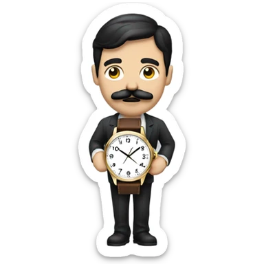 dark hair dark eye man with mustache looking at wrist watch sticker