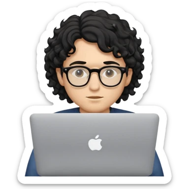 guy with wavy kinda curly black hair and light-to-medium skin tone like latino and glasses, with a macbook sticker