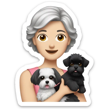 Caucasian women with short grey hair holding two dogs one black shih tzu and one white bichon frise sticker