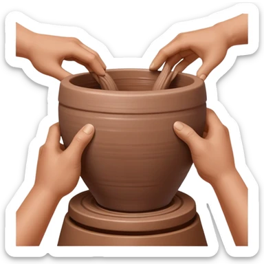 Close-up of two hands working from outside a clay vessel on a silver pottery wheel, both pinching and lifting the clay upward at the same spot to form the vessel wall sticker