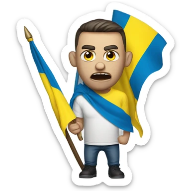super-realistic angry Ukrainian with ukranian flag sticker