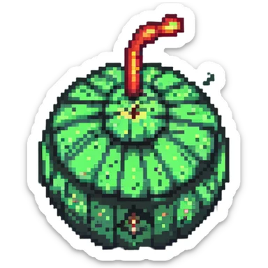 Green digital bomb animation frame 4, round bomb body with green highlights, tiny leaf-shaped fuse at top, intense green glow, about to explode, nature-inspired design, pixel art style sticker