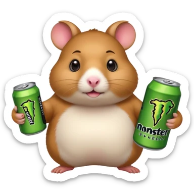 Funny cartoon-style fat hamster wide eyed holding a can of monster energy in one hand and redbull in the other hand sticker
