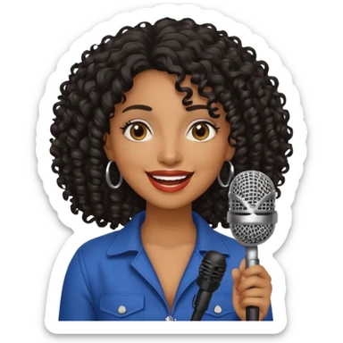 brown skin woman, curly black hair, singer, hold micro sticker
