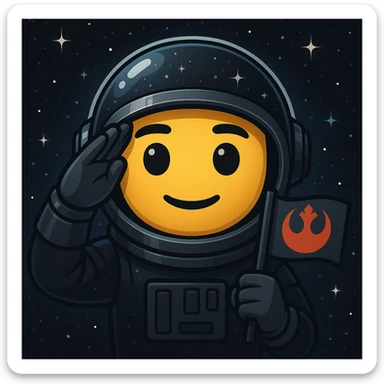 Emoji de saludo o7 con casco espacial y bandera rebelde, colores oscuros, detalles de estrellas y espacio sticker