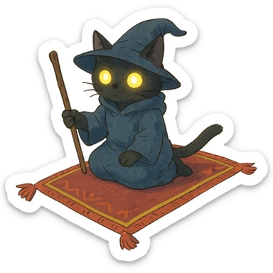 fantasy wizard cat with glowing eyes on a flying carpet, ghibli style sticker