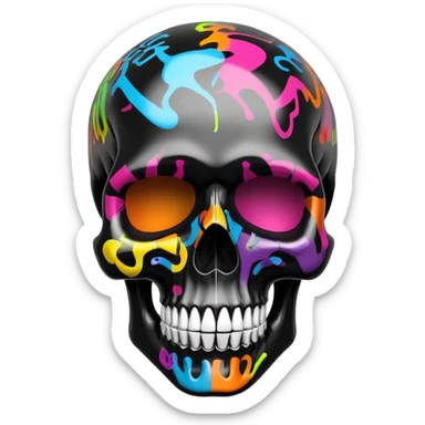 glossy black skull with colorful graffiti designs and fashion logos precisely contained inside the skull contours, three-quarter view sticker