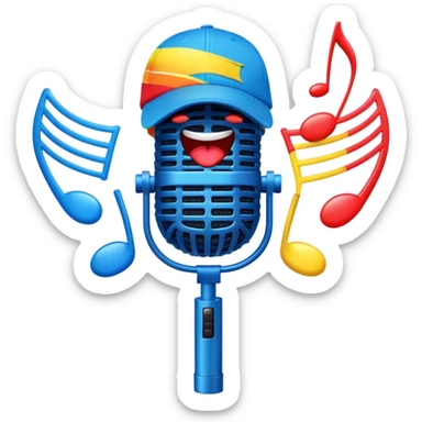 Create a dynamic and energetic emoji that represents beatboxing. The design should feature a microphone with a singing mouth and soundwaves or rhythmic beats emanating from it, symbolizing the vocal percussion and rhythm of beatboxing. Add a cap placed on top of the microphone to reflect street culture and the individuality of the performer. Include musical notes floating around to emphasize the musicality. Use bold, vibrant colors like neon blue, red, and yellow to convey energy and excitement. The background should be transparent. sticker