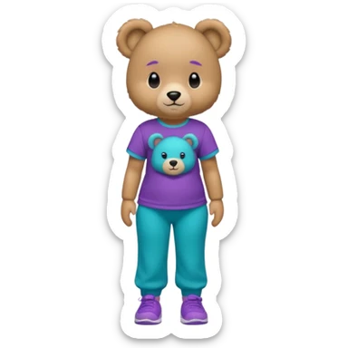 Light brown female teddy bear wearing a bright purple and teal Tshirt with matching joggers that have hbk on the Tshirt  sticker