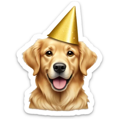 Light color golden retriever wearing a party hat sticker