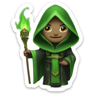 hooded ritual leader presenting green flame with hex BDFF6D. make robes matching sticker