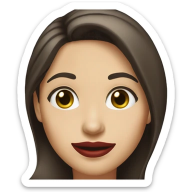 A headshot of a cheerful woman in her 30s with light white skin, shoulder-length dark brown hair, and a round face with prominent cheekbones. She has dark green eyes, full lips with red lipstick, and a warm, friendly smile. She's wearing a blue shirt. sticker