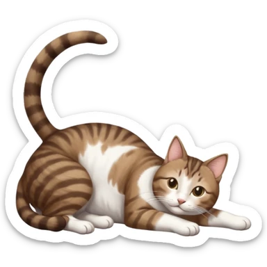 dark brown tabby and white cat with doing a big extremely long stretch reaching up into the air with arms and legs side by side together straight and overextended whilst lying on its side sticker