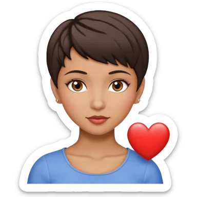 woman pixie cut dark brown hair, tan skin, brown almond eyes, heart shaped face sticker