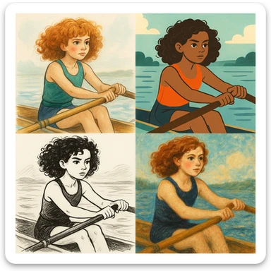 kıvırcık saçlı, kürek çeken kız, farklı stillerde sticker