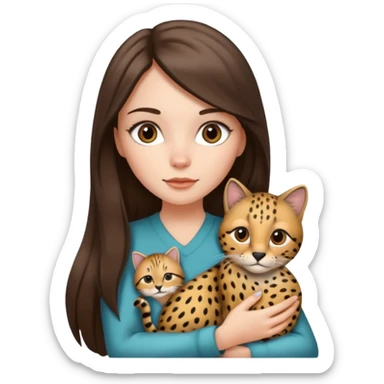 a white girl with brunette long straight hair holding a grey cat. the grey cat has black lines and cheeta prints in its fur. sticker