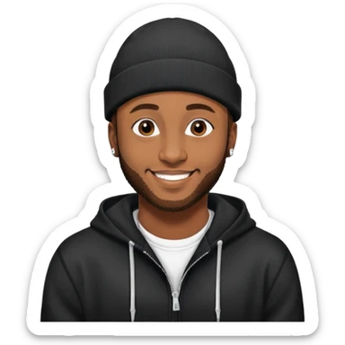 African yound man in his late 20s with a beanie and a bright smile with a short boxed beard, and a low cut hair, looking like davido the musician black hoody sticker
