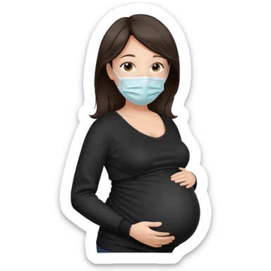 a pregrant lady with dark brown hair? Hair lengt above shoulder, wearing medical face mask, i wanna see the pregnant belly with black sweater sticker