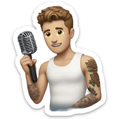 White boy with brown hair with arm tattoo and holding a microphone  sticker