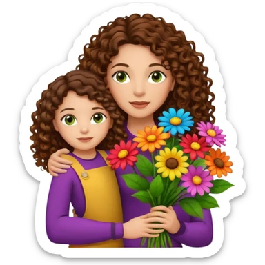 light skinned brunette long curly haired woman with green/hazel eyes holding big bright bunch of flowers with one hand and daughter's hand (also with long brown curly hair) in other. White background. sticker