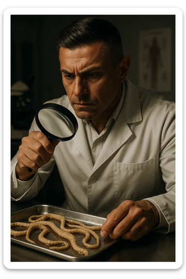 A middle-aged male kinesiologist wearing a pristine white lab coat, intensely analyzing long, beige tapeworms (like Taenia) under a magnifying glass. His expression is focused and slightly concerned, with dramatic studio lighting casting sharp shadows. The parasites are highly detailed, moist, and textured, stretched across a sterile metal tray. The background is blurred but suggests a clinical environment—hints of a microscope, medical charts, and clean lab equipment. The style is hyper-realistic, with a cinematic contrast between the bright white coat and the grotesque, organic forms of the parasites. No sci-fi elements, just raw medical realism with a disturbing edge sticker