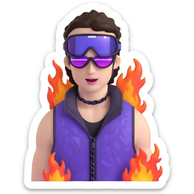 close-up of cool guy male athlete with white skin and moderately curly dark brown hair on top with shaved sides, with one purple ski goggle lens pushed up above his eyes on his forehead, sticking his tongue out of his mouth, a simple plain black chain necklace, and a completely unzipped sleeveless vest with purple and black sequin fire pattern design with no logo sticker