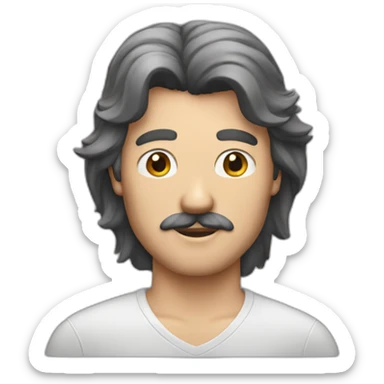 A man with a mullet haircut and a moustache sticker