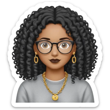 Mixed girl /curly long hair black / with dark hair/ black eyes /glasses /sweat shirt /middle part/ flat erring / small gold chain  sticker