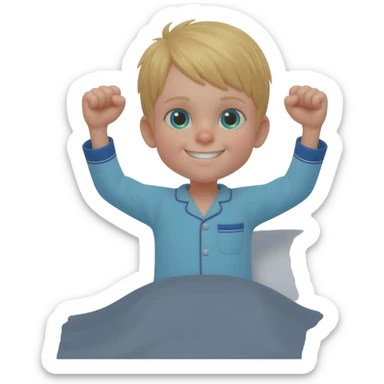 Use the same 3 year old blonde boy with blueish-green eyes, it should be the same boy as before  happy with plain blue pajamas raising both arms up and hands like fists, sitting on the bed, the bed should be gray sticker