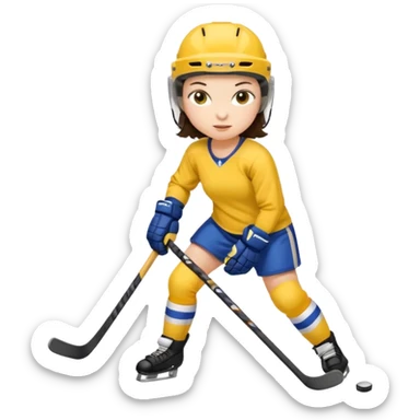 Girl hockey player with yellow jersey full body brunette with helmet sticker
