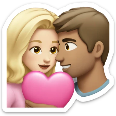 Cute white couple, blonde hair woman and man with dark hair and fair skin kissing holding a pink heart sticker