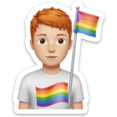 A gay, ginger, young, freckled, boy with a shirt with JUDE on it holding a pride flag sticker