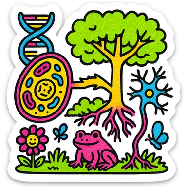 A realistic biological illustration (like in a school book) showing: DNA strands transitioning into a tree, cells with visible organelles, neurons connected to plant roots  and a balanced ecosystem background . Seamless integration, no labels or borders, complete white background (not off white!), detailed but minimalist.  sticker