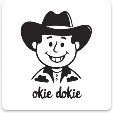 cheerful cowboy emoji with a hat, smiling, and the legend 'okie dokie' in a fun, bold font sticker