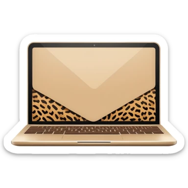 minimal flat emoji of an open laptop with a leopard-print cover, clean vector lines, warm beige and brown tones, modern aesthetic, transparent background, high-quality icon sticker
