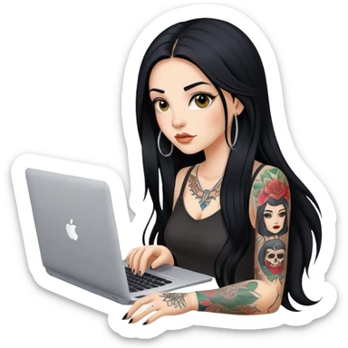 beautiful girl with tattoos, with long black hair, typing on laptop sticker