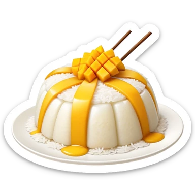 cinematic-realistic-mango-sticky-rice-dessert-emoji,-showcasing-sweet-sticky-rice out of a mould-paired-with-ripe-mango-slices-and-coconut-milk-rendered-with-lifelike-detail-and-warm,-inviting-lighting with the coconut  milk over the rice sticker