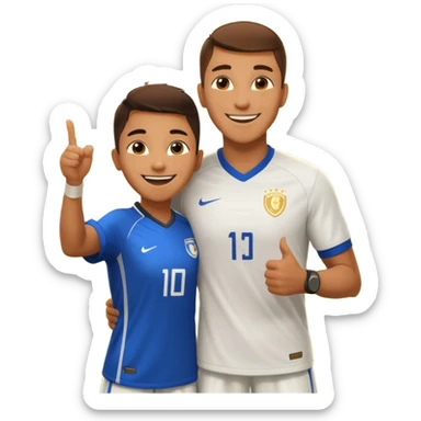 Soccer player celebrating with coach handshake under bright stadium lights, golden lighting, energetic, cinematic, realistic sticker