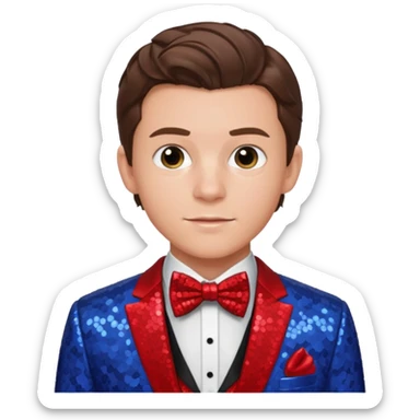 Tom Holland with brown hair, red shirt, periwinkle sequin suit jacket with bow tie sticker