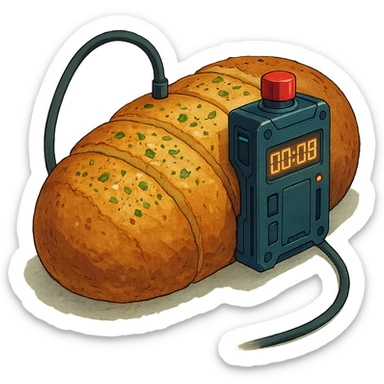 a thermonuclear hand held grenade IED, futuristic cyberpunk. The primed exlosive element is not c4 plastique, but it is garlic bread. small detonator attached to large loaf sticker