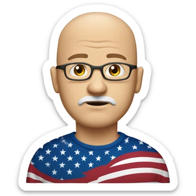Middle aged Bald white guy with goatee who looks sad wearing a American flag shirt sticker