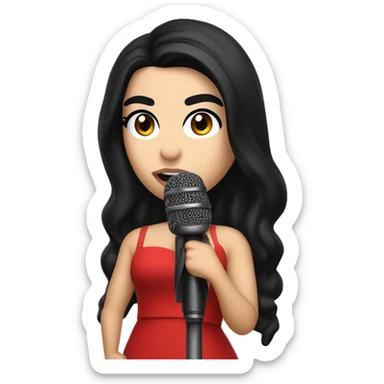 Dua Lipa, with long black hair, wearing a red dress, singing with a microphone in her hand sticker