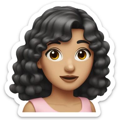 White woman with long black curly hair and bangs and dark brown eyes, wearing a pastel pink dress sticker